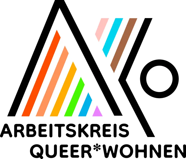 Logo des Arbeitskreises queer*wohnen mit stilisierten Buchstaben und Regenbogenfarben